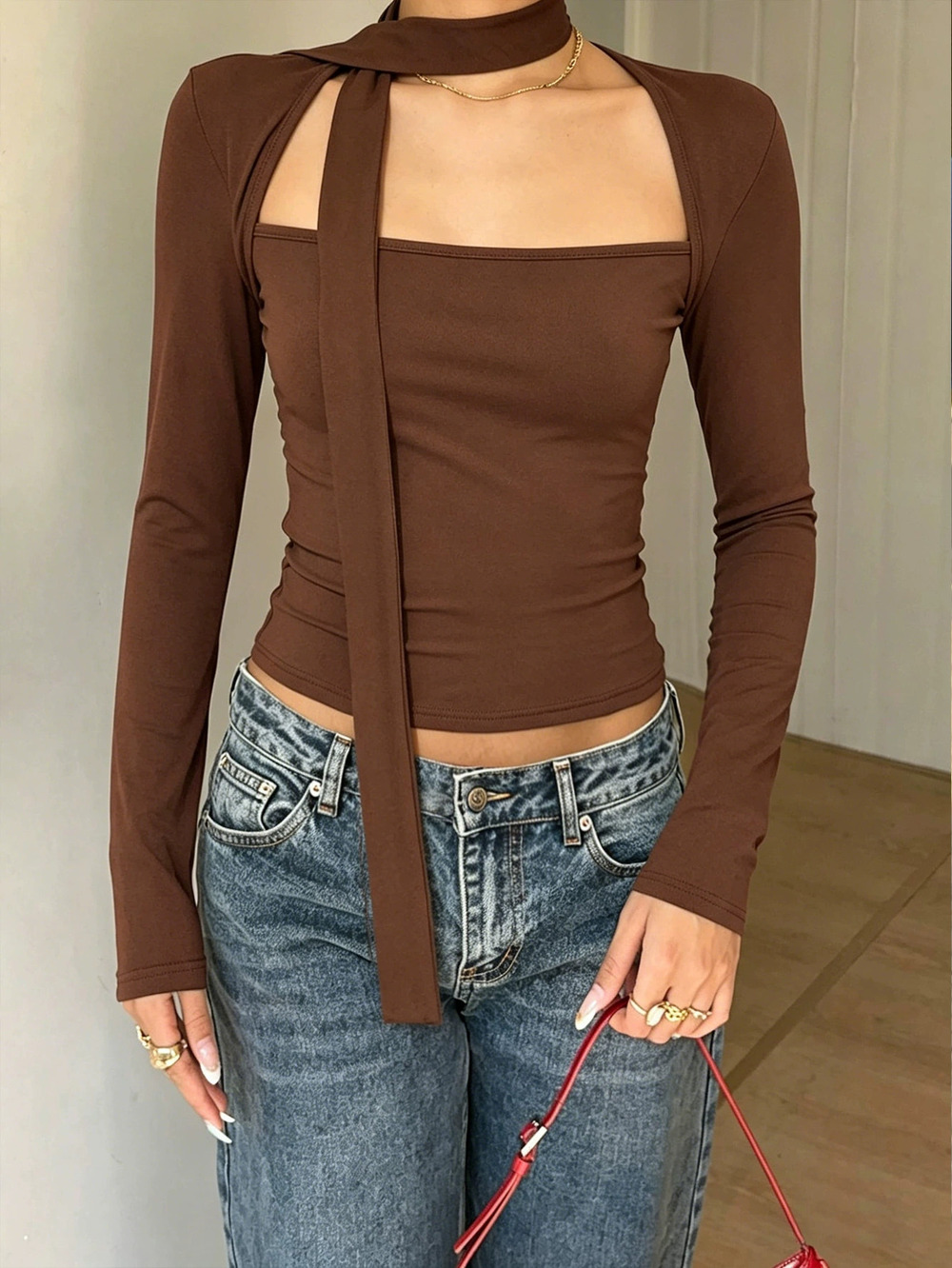 ZARA American Square Neck Halter Tie Long Sleeve Slim Fit Pure Sexy Blouse